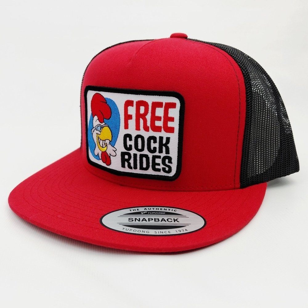 Free Chicken Rides Red Snapback Hat with Cartoon Patch - Picture 2 of 4